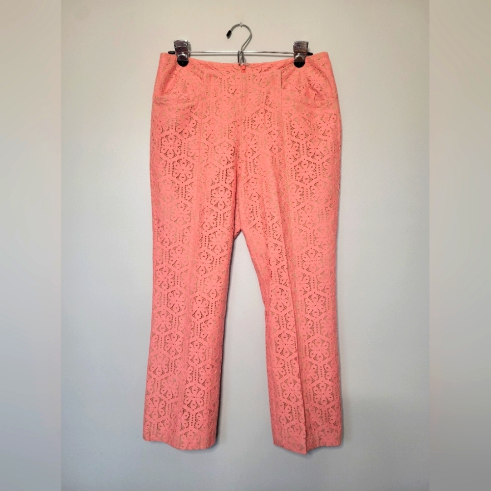 Corey Lynn Calter Anthropologie Youghal Coral Pink Lace Cropped Pants SZ 6